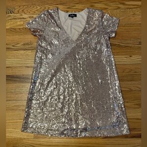 Lulus Light Up The Night Champagne Sequin Shift Mini Dress Womens V-Neck Large